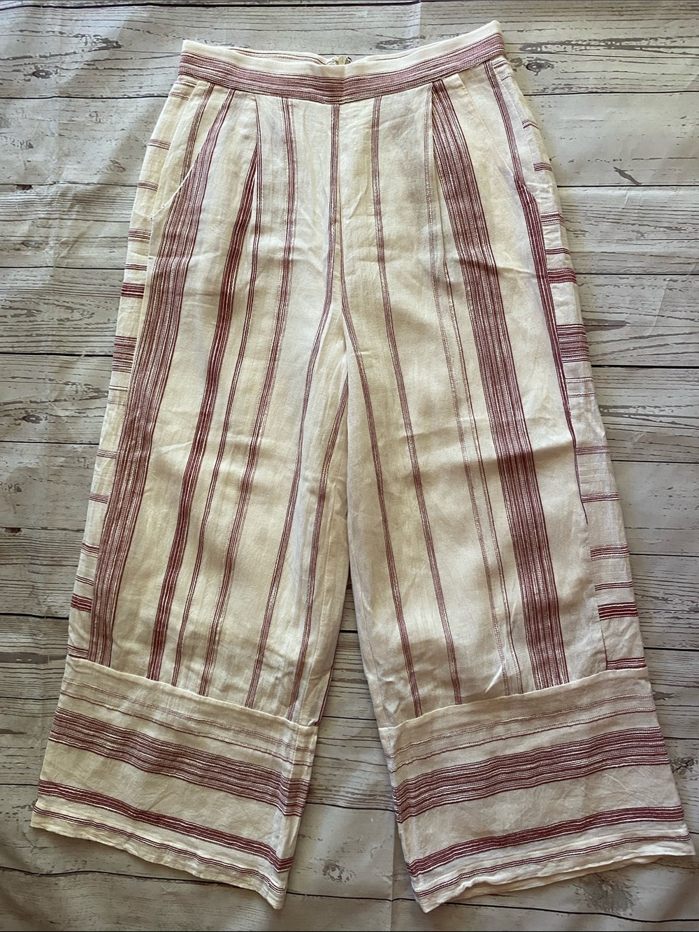 Lost + Wander Women’s Wide Leg Striped Capri Cream with Dusty Rose Stitching